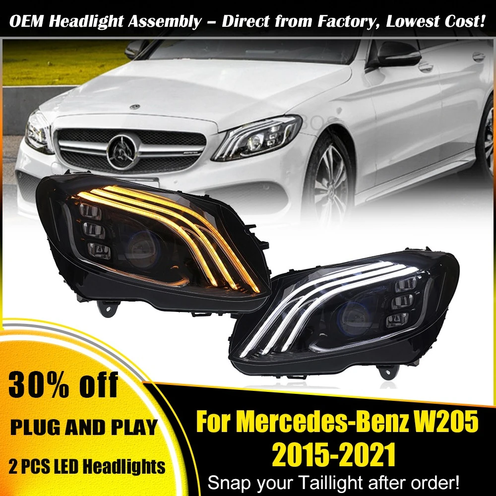 

Передний фонарь автозапчастей для Benz W205, светодиодная фара 2015-2021, фара-стример, рулевая лампа, полностью светодиодные передние фонари в сборе
