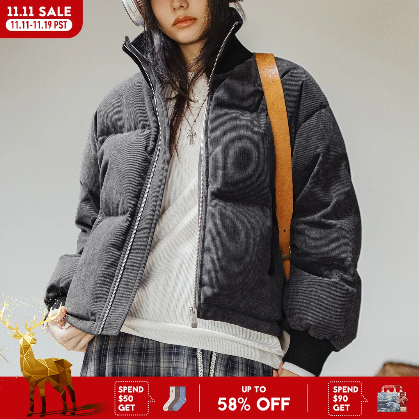 Maden-Chaqueta de pana para mujer, abrigo acolchado corto cálido con plumón de pato 90%, cuello levantado de punto, dobladillo con cordón, prendas de vestir exteriores gruesas para invierno