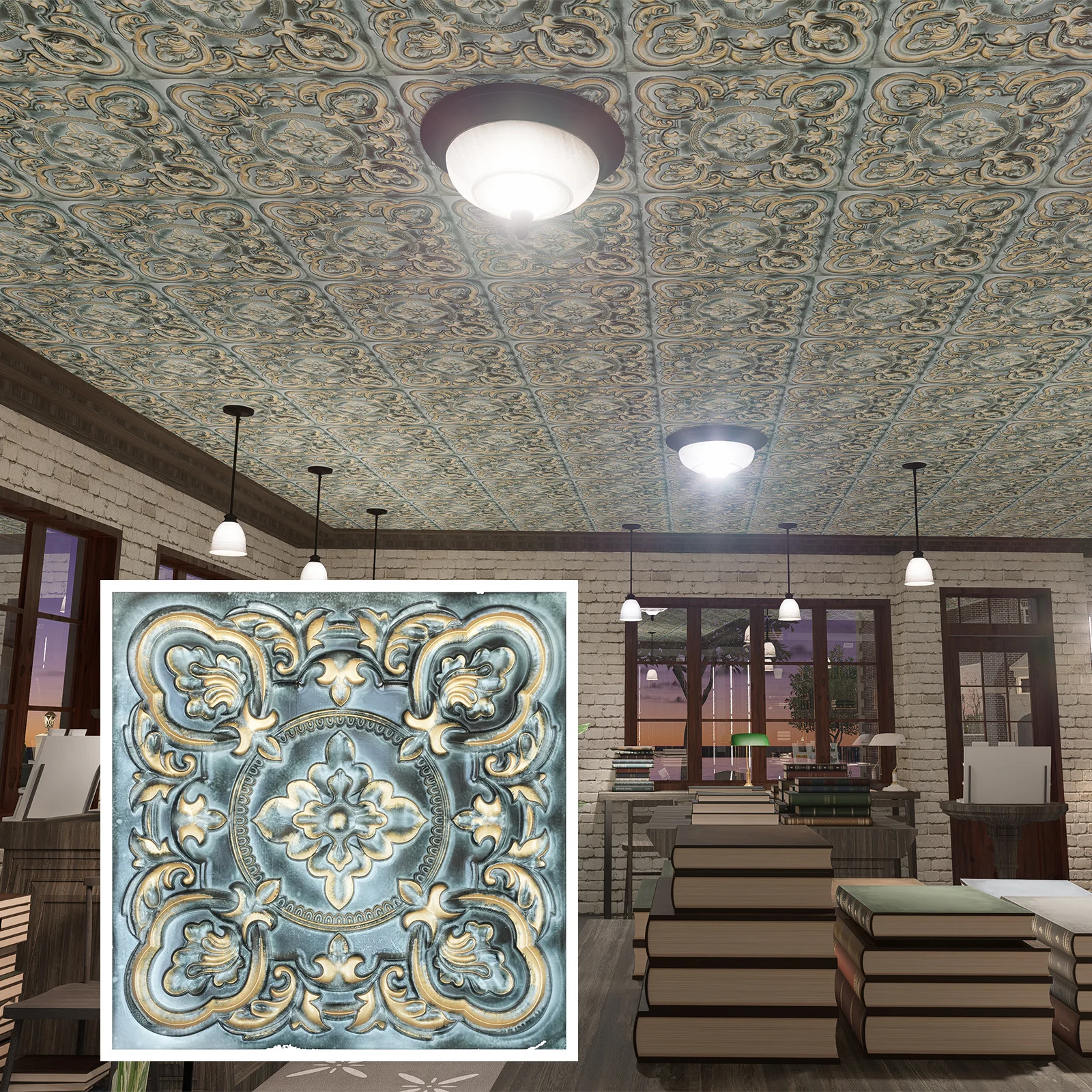 Pressed Tin Ceiling Tile, Art ceiling tiles, 3D embossed wall panels for Cafe PL30 Bluish gold 10pcs