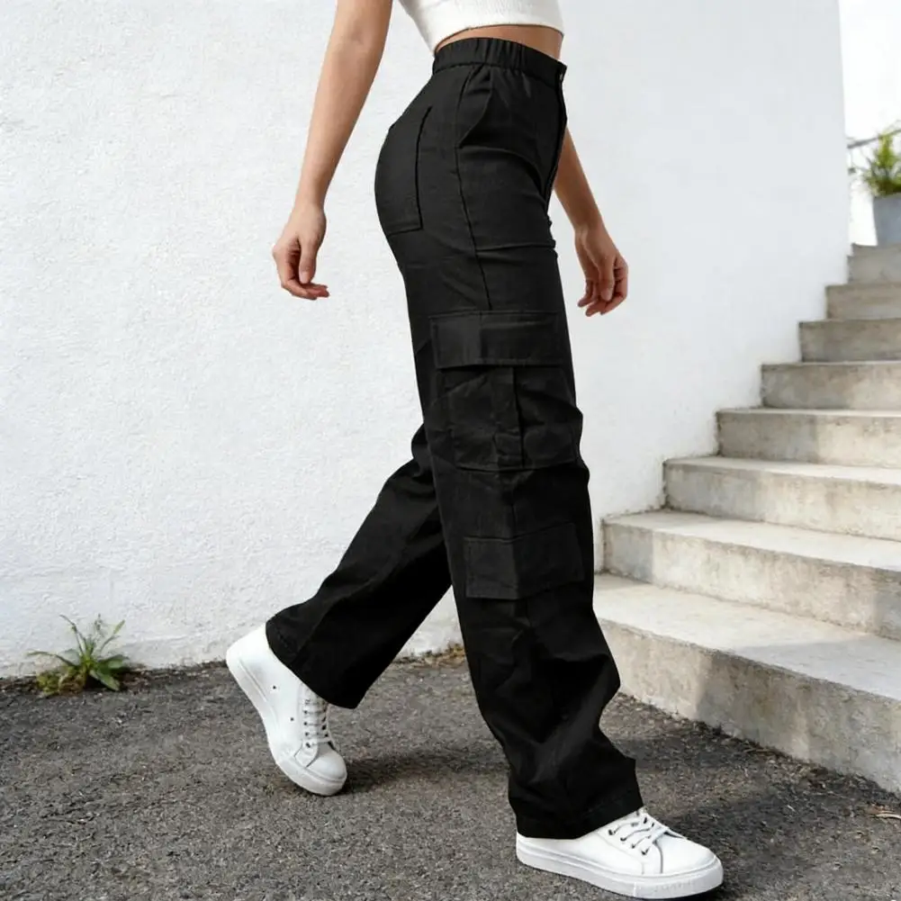 2026 Women Pants Mid-rise Elastic Waist Wide Leg Casual Trousers with Multi Pockets Pure Color Loose Fit Long Pants Office Daily