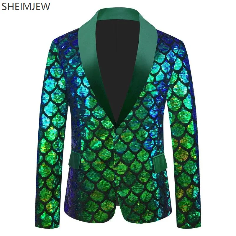 Velvet Phantom Double-sided Fish Scale Sequins Shining Personality Men Suit Wedding Banquet Stage Performance Party Dress Jacket