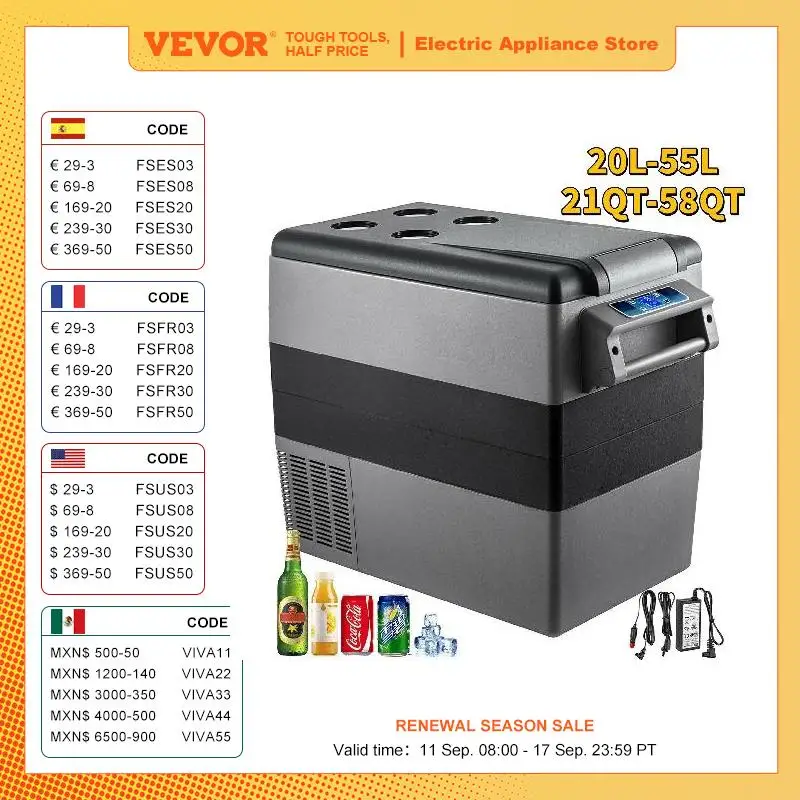 VEVOR 20L 22L 35L 45L 55L Car Refrigerator Mini Fridge Freezer Portable Compressor Cooler 12/24V DC 110-240V Ice Box for Camping