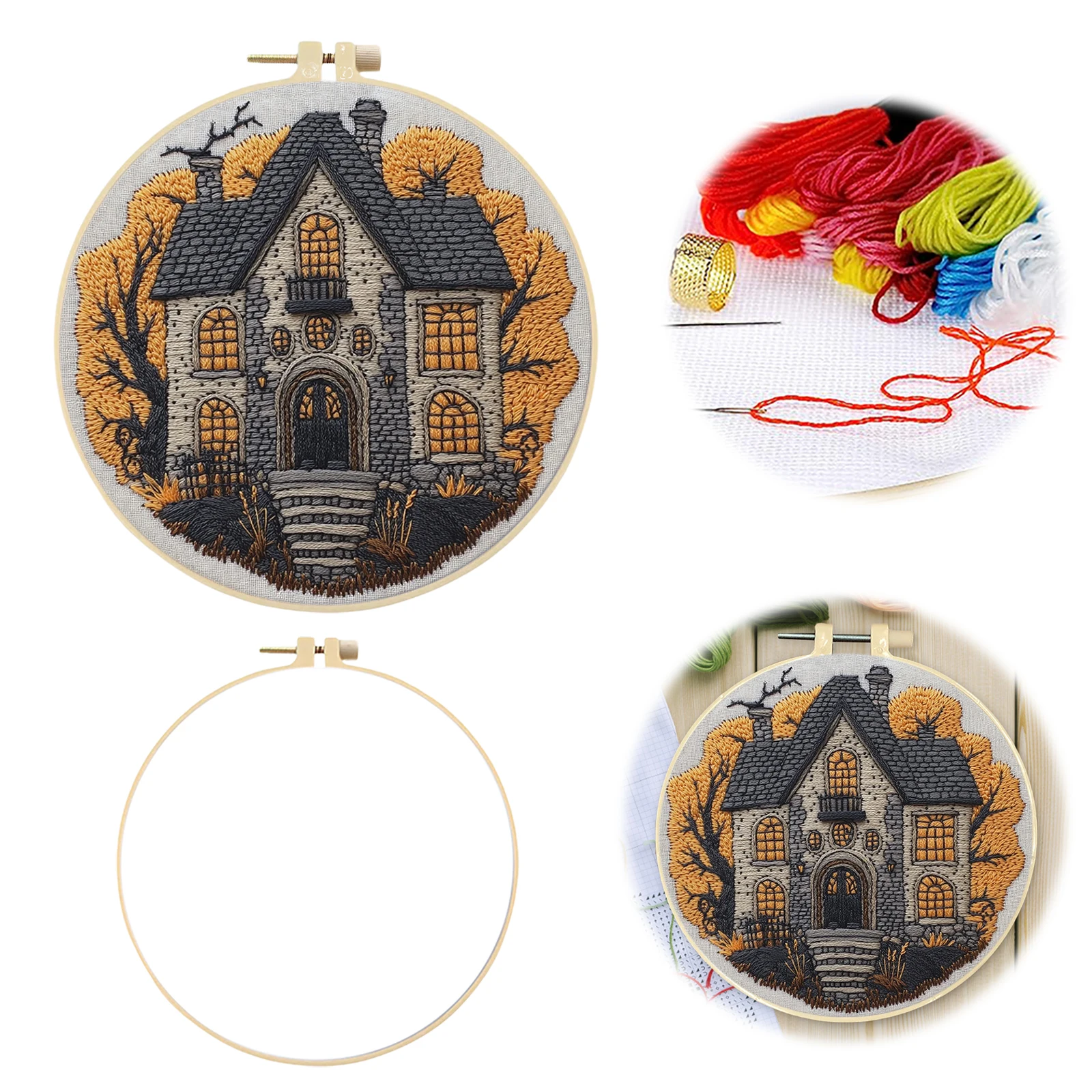 Halloween DIY Embroidery Kit 30x30cm Cotton Fabric Hoop 2 Needles Threads Tutorial Beginner Gift