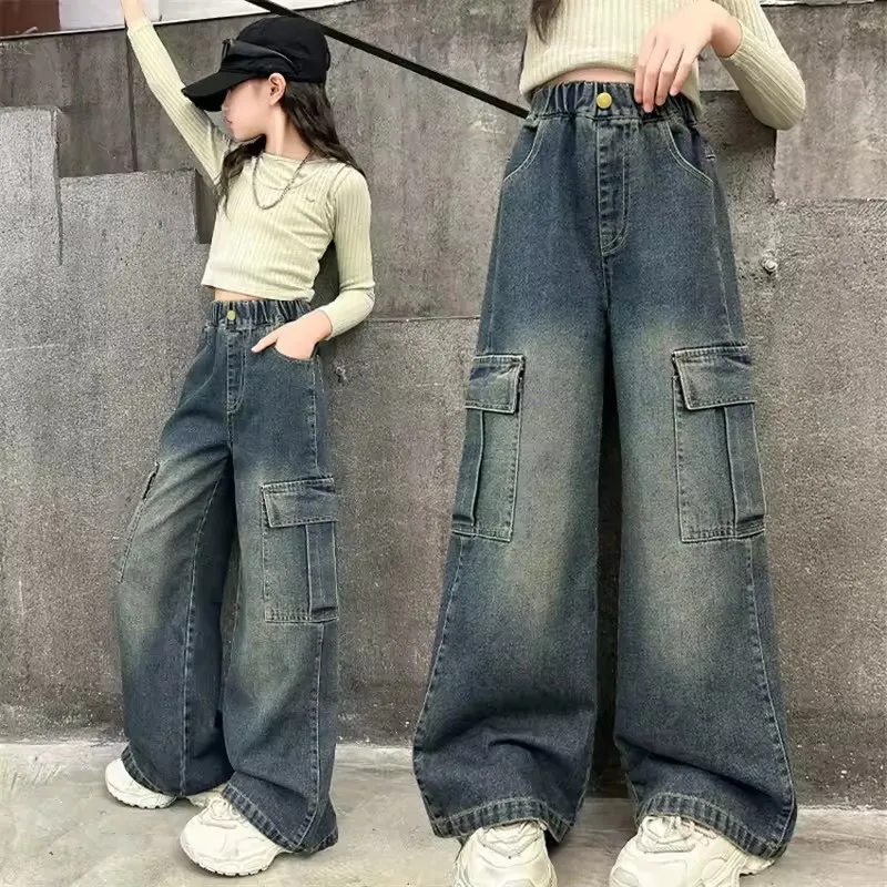 Girls Cargo Demin Pants Kids Casual Loose Wide-legged Jeans Teenagers Fashion Streetwear Baggy Trousers Children Clothes 5-12Y