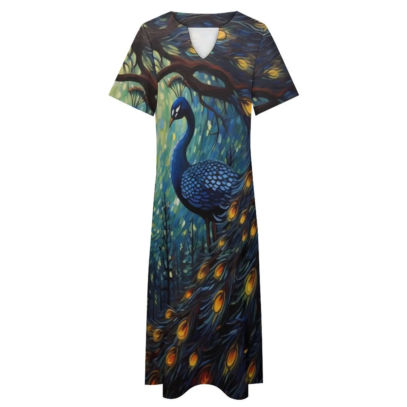 Fantasia pittura su abito pavone Abito maxi elegante con scollo a V Design Boho Beach Abiti lunghi Abbigliamento da strada Vestido di grandi dimensioni