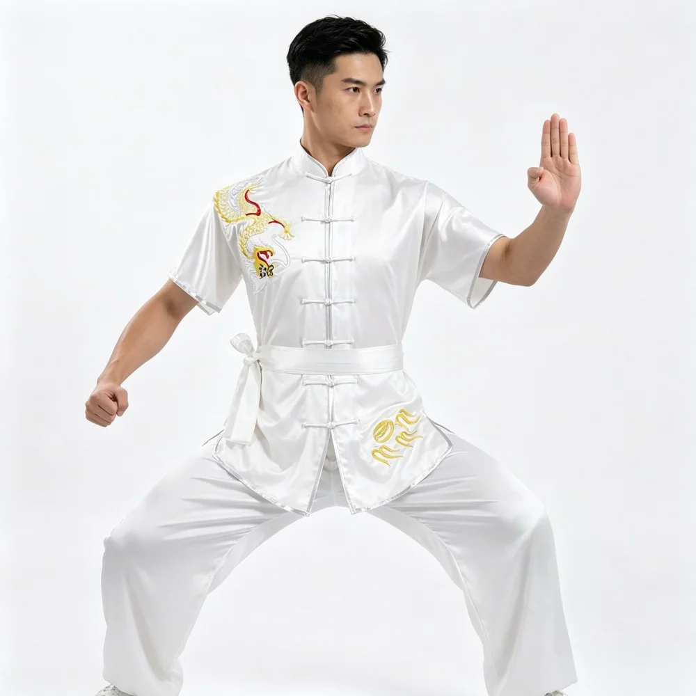 Chinese Wushu Kung Fu Suit for Men Short Sleeve Dragon Embroidery Martial Arts Uniform for Training Competition Stage Show