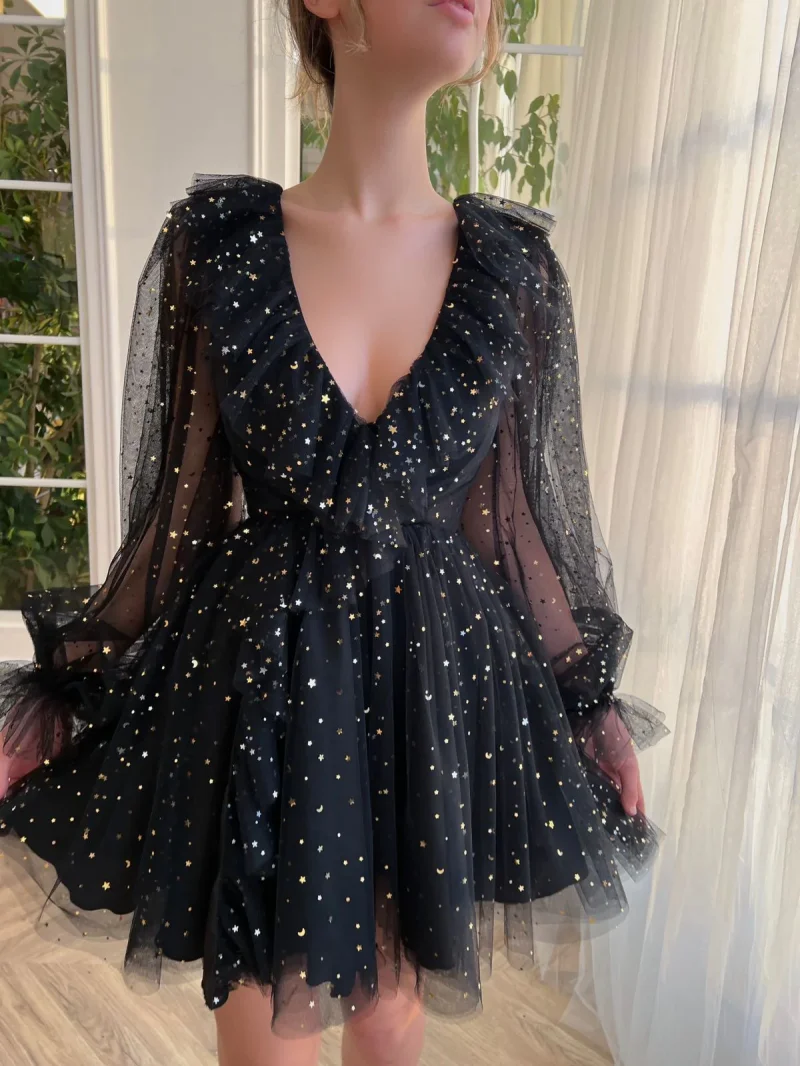 15196#Shimmering Ruffles Sequins Long Puffy Sleeve Mini Wedding Gown Birthday Party Dress Customized Women Prom Evening Dress