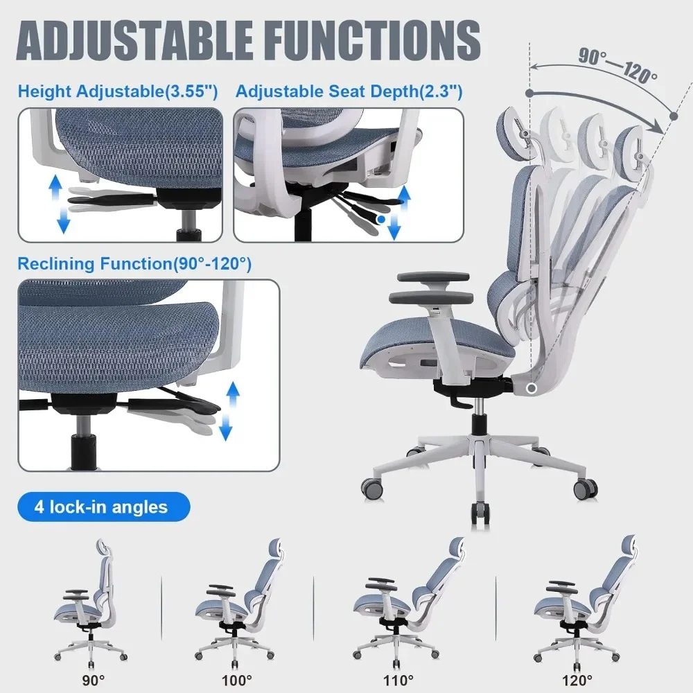 Silla de oficina ergonómica, soporte Lumbar, espalda alta, profundidad del asiento ajustable, reposabrazos 3D y reposacabezas, silla de oficina de malla