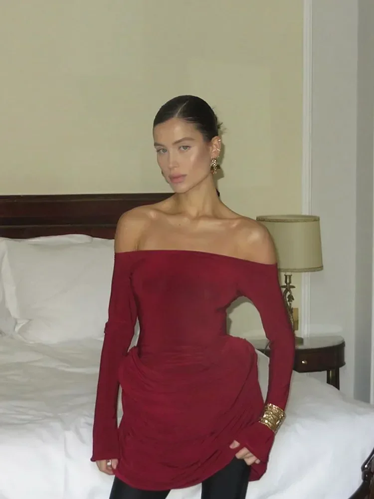 Ruched JERSEY มินิชุดผู้หญิงปิดไหล่แขนยาวไม่สมมาตร Hem Bodycon Vestidos Casual PARTY วันที่ Lady ชุด