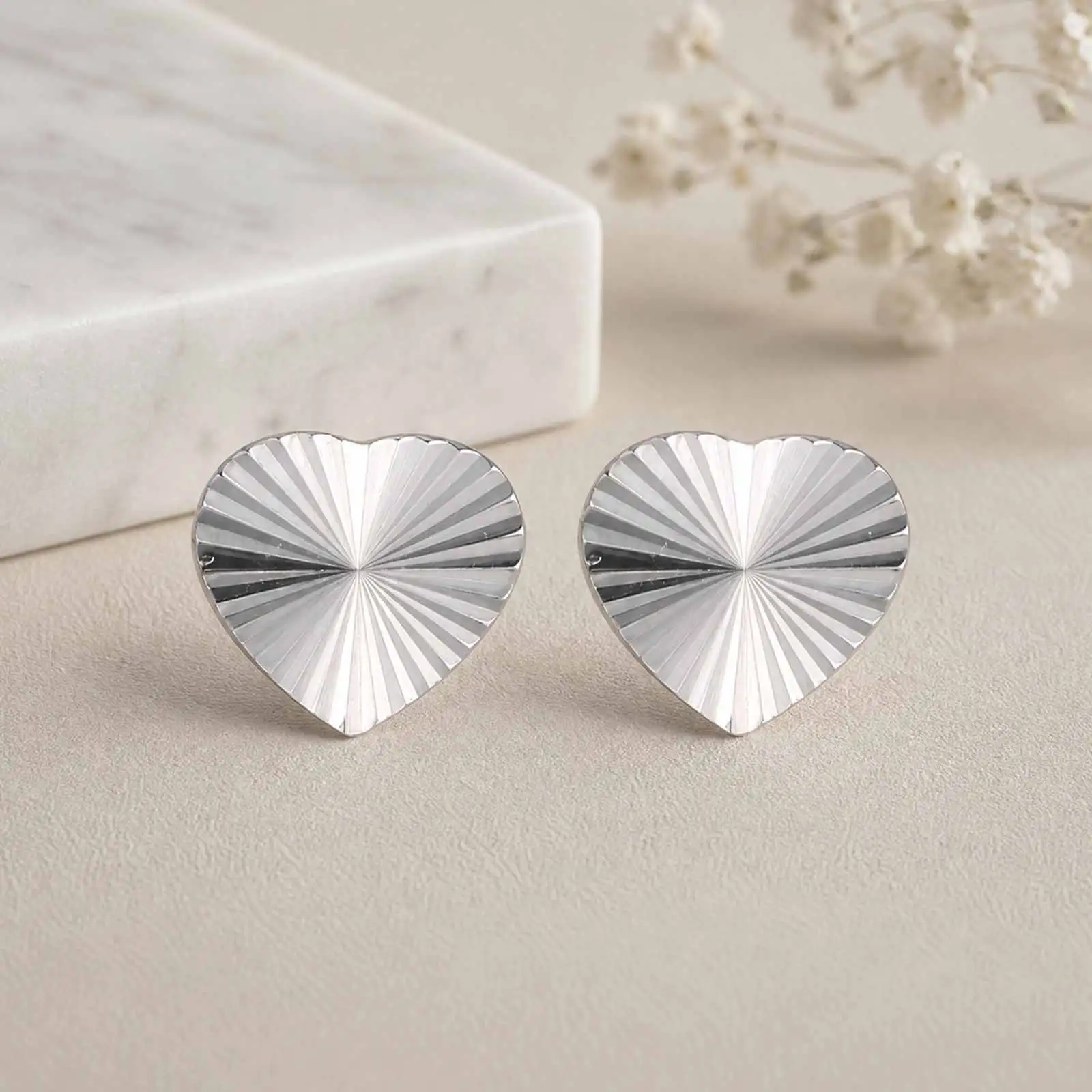 Stainless Steel Heart Stud Earring Silver Tone, Waterproof Tarnish Free Sunburst Screw Back Jewelry Gift for Women