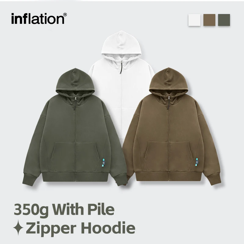 INFLATION Winter Warm Oversized Zip Up Hoodies Unisex 350gsm Fleece Lined Zipper Hooded Jackets Men Blank Oversized Hoodies