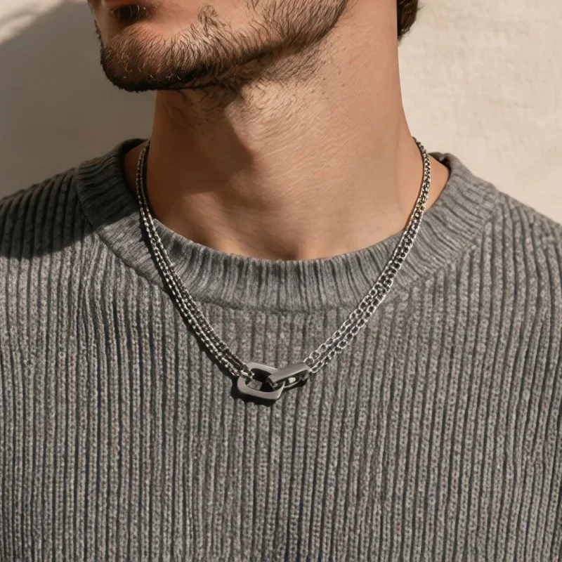 Silver Double Link Necklace Men Interlocking Circle and Bar Charm Contemporary Biker Street Style Fashion Jewelry