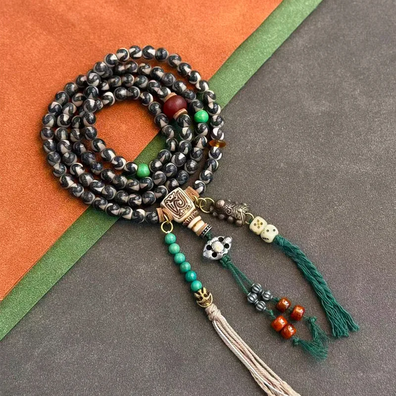 Natural Agate Tiger's Tooth Tian Zhu Necklace Reclaimed Bone Carving Three-Way Counter Side-Hanging Accessory Sweater Chain