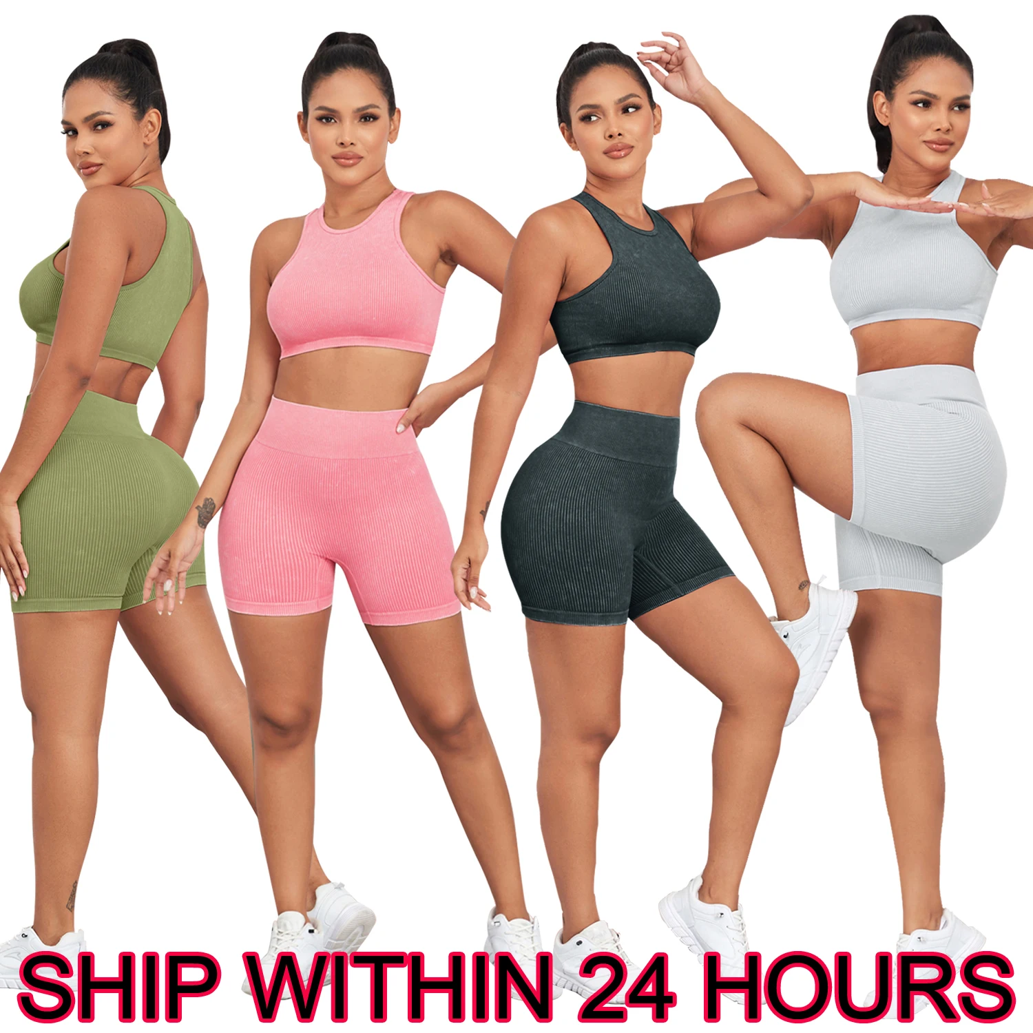 2024 New Shorts Sets Wash Seamless Fitness High Waist Summer Shorts Sets Woman Activewear Running Outdoors Sport  Top For Women