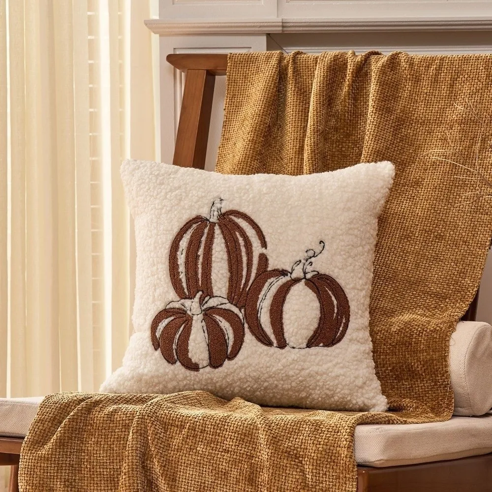 Polyester Throw Pillow Covers Zipper Closure Embroidered Pumpkin Pillow Protecting Case Orange Green Halloween Pillowcase