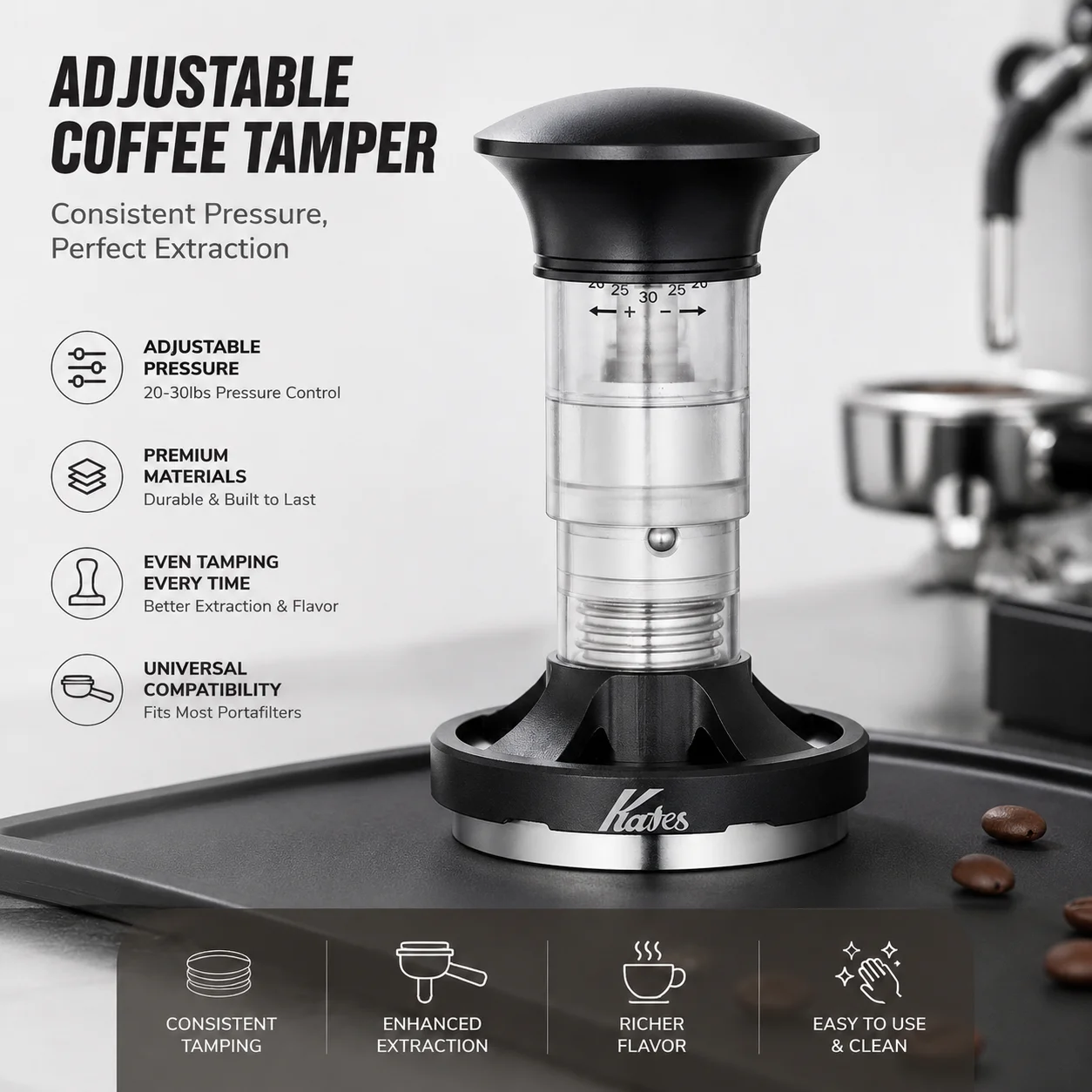 Magpie Adjustable Espresso Coffee Tamper Calibrated Constant Pressure Stainless Steel Coffee Press Tool Barista Accessories