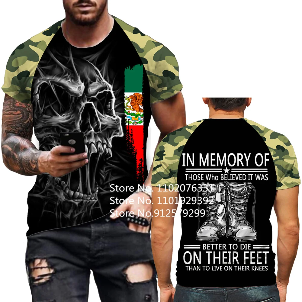 Men's Vintage Mexico Flag 3D Printed T-shirts Army Veteran Streetwear O-Neck Short Sleeve Skull T Shirt Men's Clothing