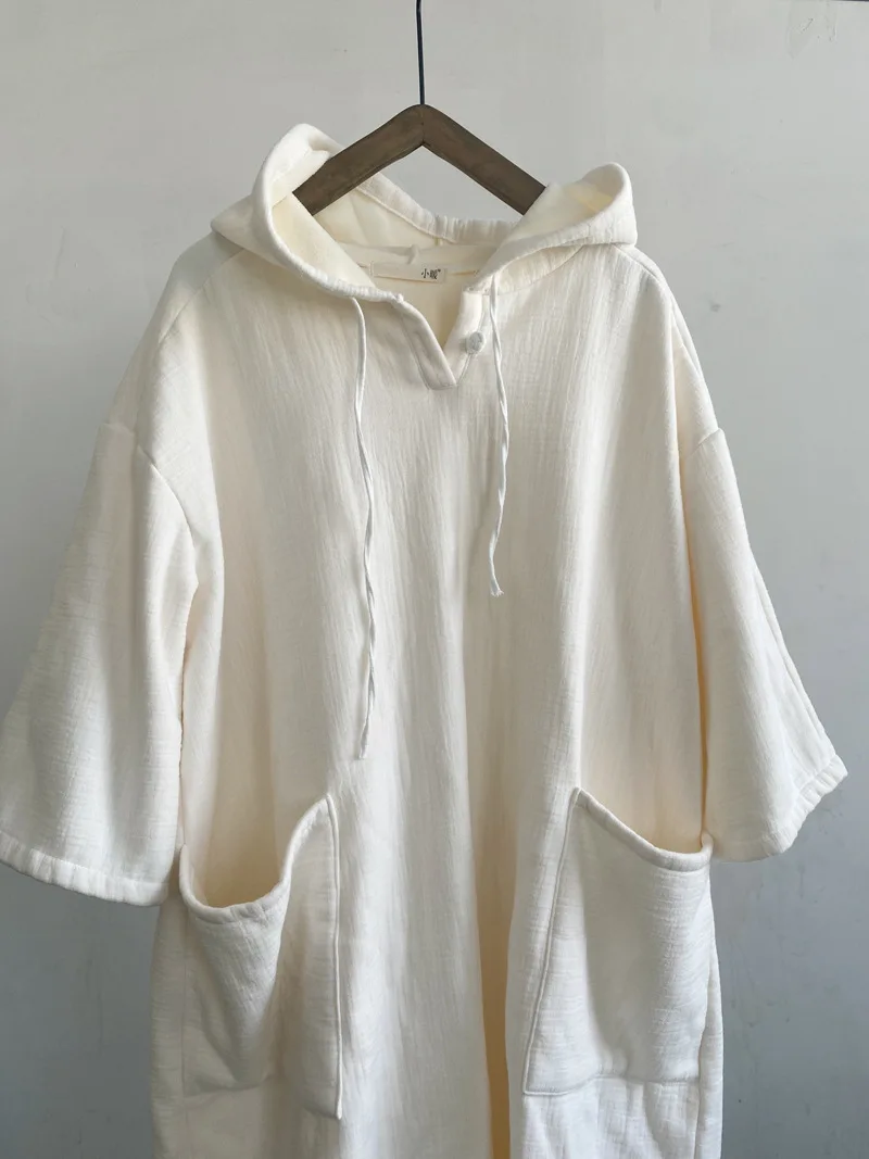 TIYIHAILEY Otoño Invierno mujeres algodón largo Maxi vestido 3/4 manga señoras Vintage negro rojo blanco grueso vestidos cálidos con capucha bolsillo