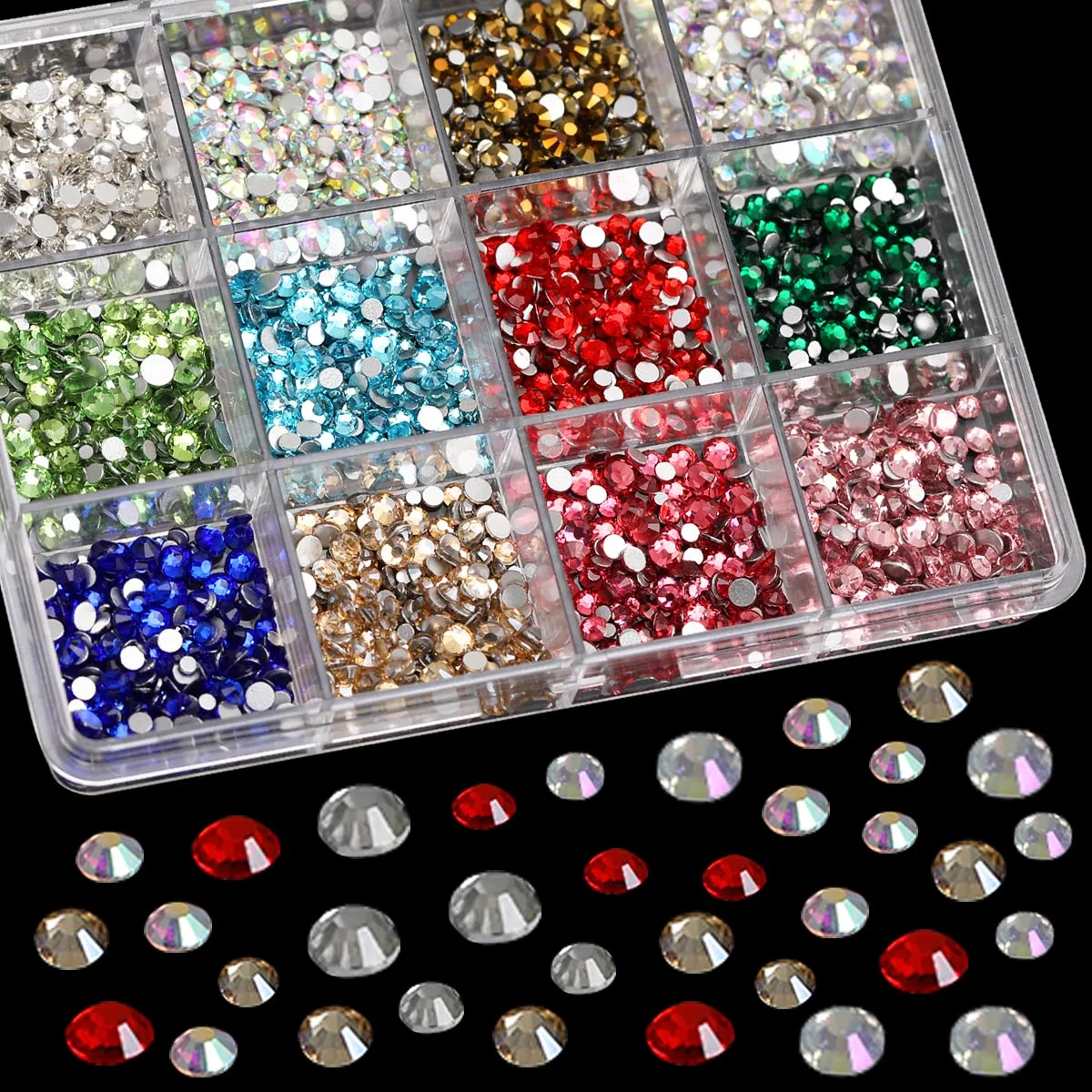 2 صندوق 12 شبكة أحجار الراين الزجاجية المسطحة 12 أشكال مختلفة مجوهرات مختلطة متعدد الألوان متعدد الألوان صنبور دائري مختلط ومتعدد #2