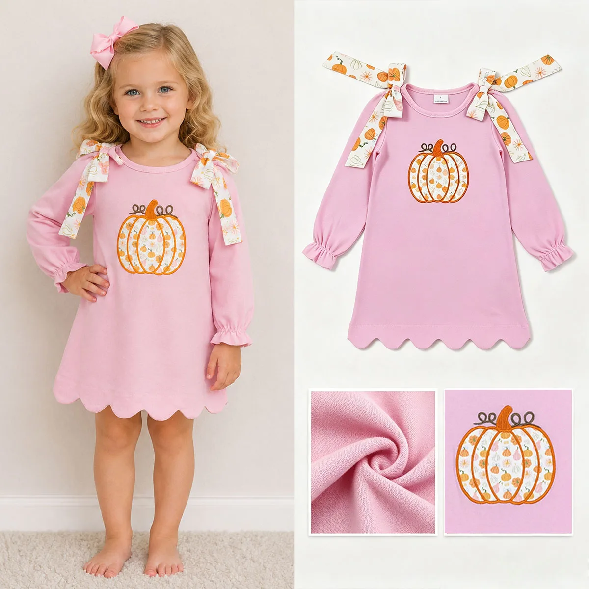 Children Clothes Girl Embroidery Pumpkins Kids Dress Pink Fall Scallop Cotton Knee Length Dresses for Girls Toddler Clothing