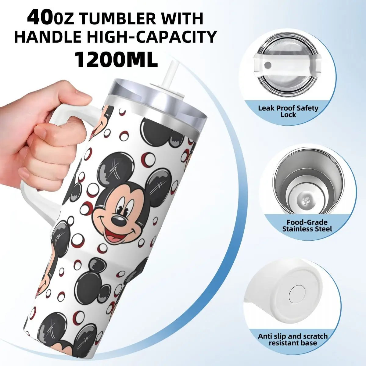 Mickey Mouse Stainless Steel Tumbler Driving Mugs Cup 40oz Coffee Mug Insulated Hot Drinks Milk Tea Water Bottle