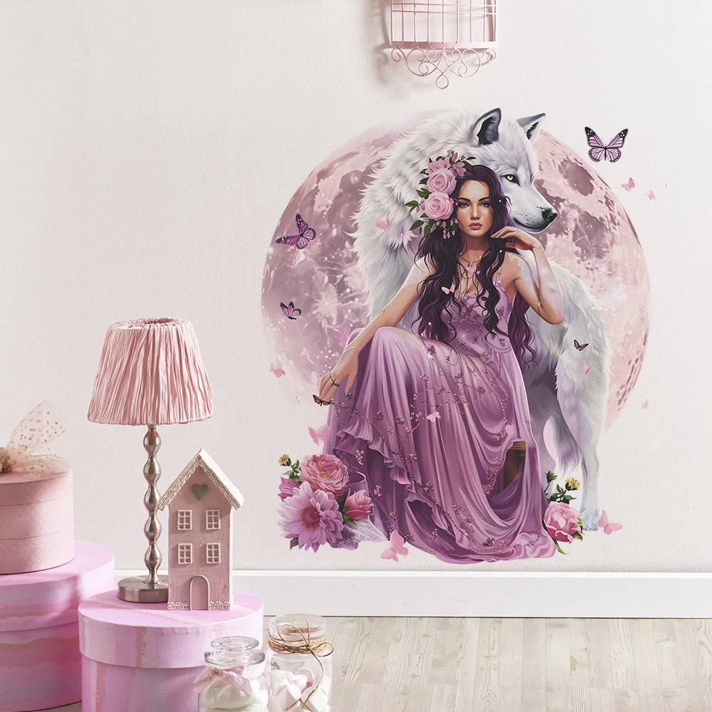 Purple Wolf Girl Vinyl Wall Decal For Kids Room Decoration Room Decor Bedroom Accessories Wall Art Home Decoration Wall Decor