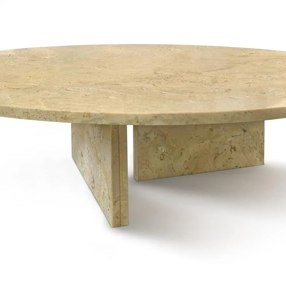 โต๊ะกาแฟหินอ่อนสีทองเหลืองเบจธรรมชาติสำหรับห้องนั่งเล่น หินแท้ ขนาด Ø35.4 x 9.8 นิ้ว เฟอร์นิเจอร์หินแท้สุดหรู
