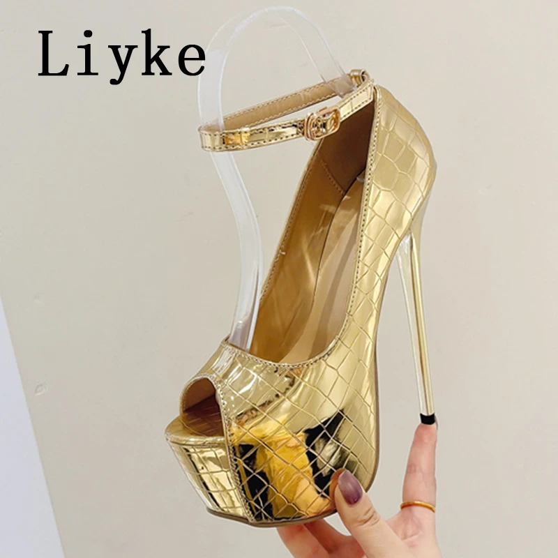 Liyke-Peep Toe Salto Alto para Mulheres, Stripper Pole Dance Shoes, Sapatos de Baile de Casamento, Sandálias Stiletto, Bombas de Plataforma, Ouro, Sexy, Festa, Nachtclub