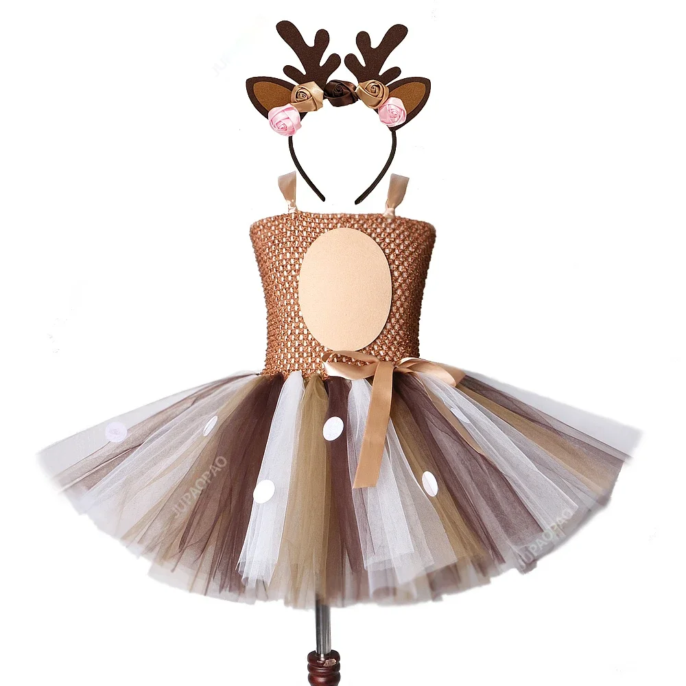 Deer Tutu Dress Girl Christmas Dresses with Headband Kids Halloween Costume Baby Girl Princess Elk Reindeer Outfit for New Year