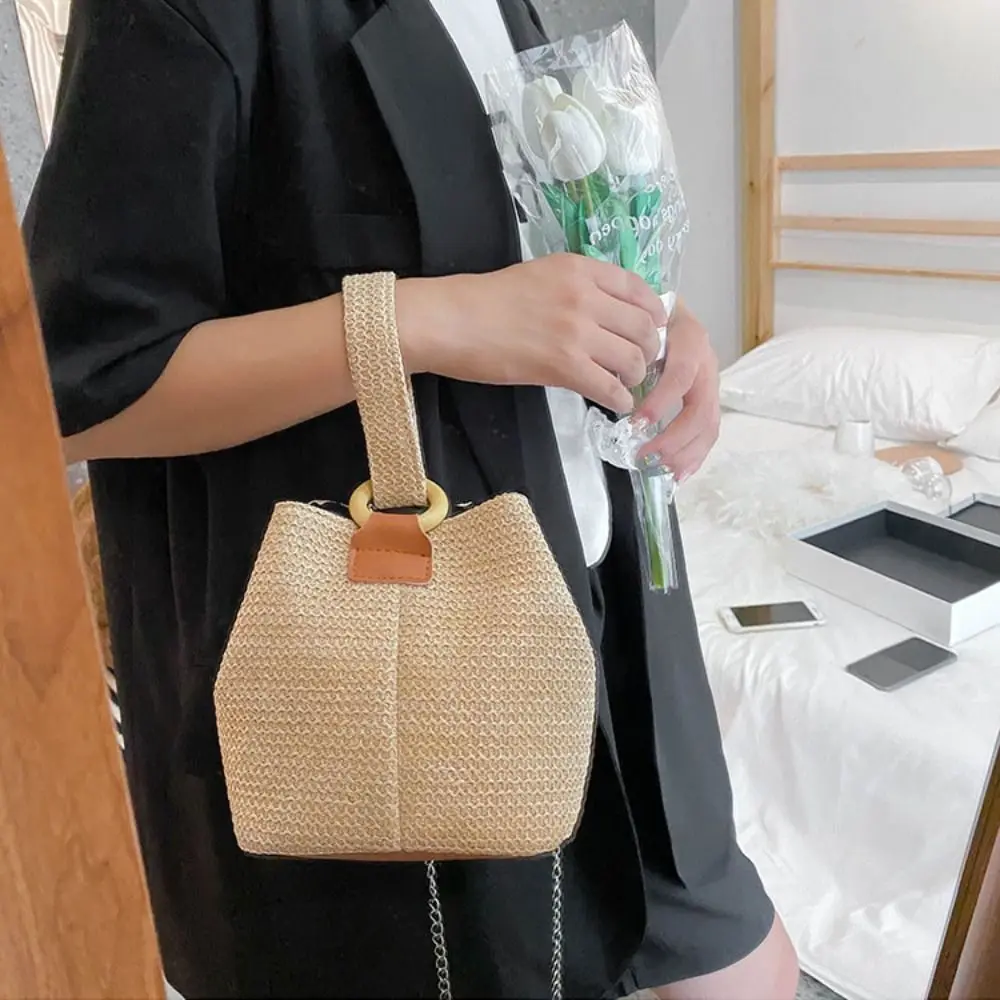 Fashion Korean Style Straw Bucket Bag Solid Color Tote Bag Woven Handbag Crossbody Bag Shopping Purse Small Phone Bag Beach