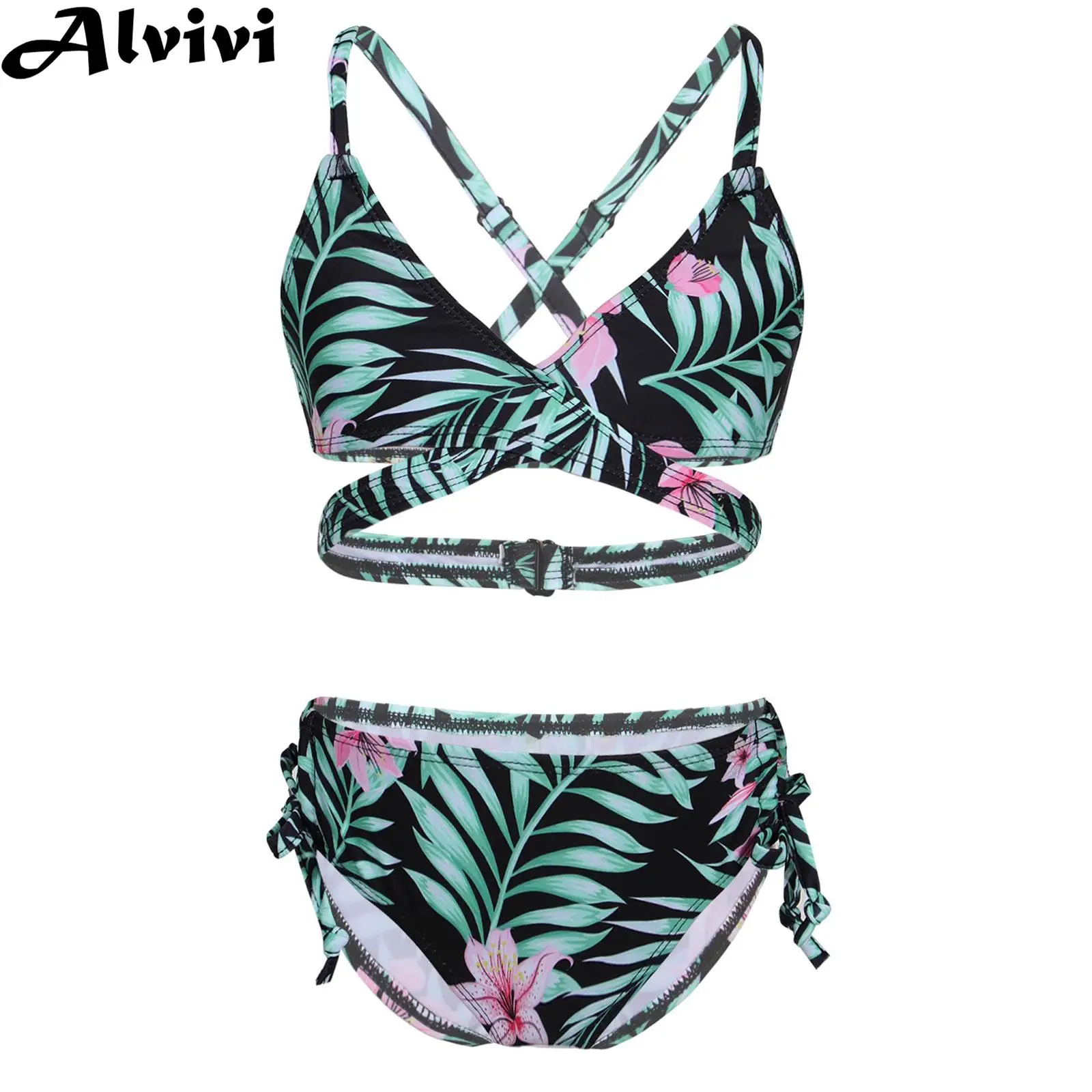 Kids Summer Bikini Swimwear Girls Print Tankini Swimsuit Adjustable Straps Bra with Low Waist Brief Beach Sunbath Bathing Suit