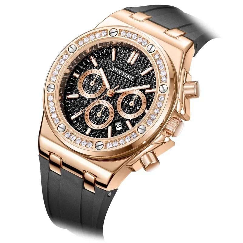 

Luxury Men Women Watch Chronograph Sports Military Rubber Band Diamond Stone Iced Bezel Male Female Quartz Wristwatch Clock New