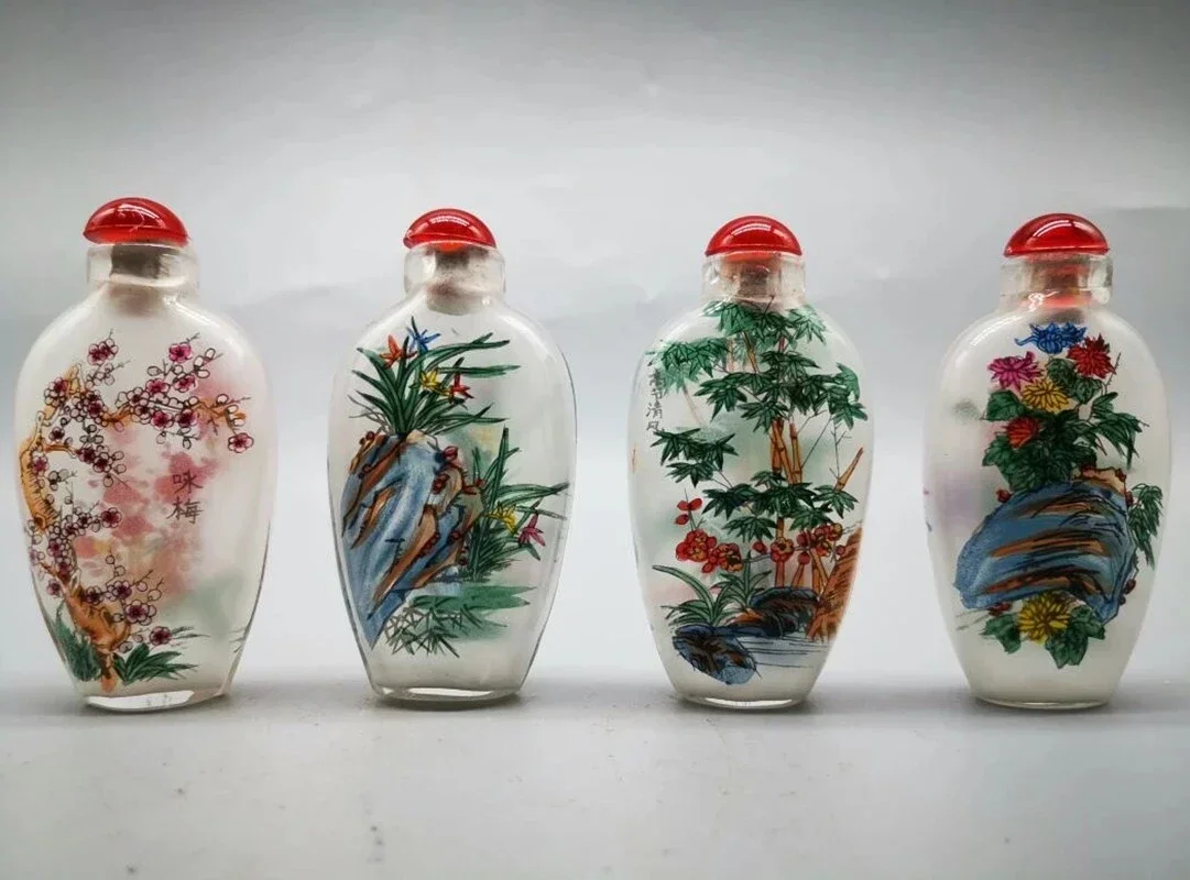Coloured glaze Plum, Orchid, Bamboo and Chrysanthemum Snuff bottles crafts statue A set