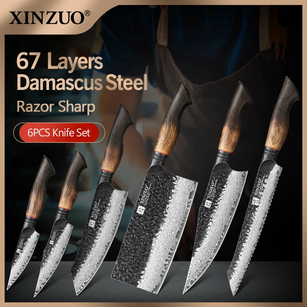 

XINZUO 1-6-Piece Damascus Knife Set 67-Layer Steel White Oak Red G10 Handles Paring Utility Cleaver Santoku Bread Knife