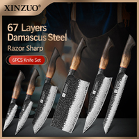XINZUO 1-6-Piece Damascus Knife Set 67-Layer Steel White Oak Red G10 Handles Paring Utility Cleaver Santoku Bread Knife