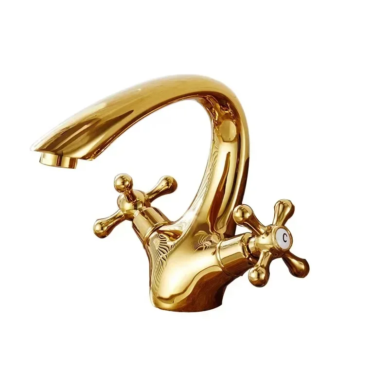 Copper Gold Bathroom Basin Hot and Cold Faucet with Dual Crystal Handle