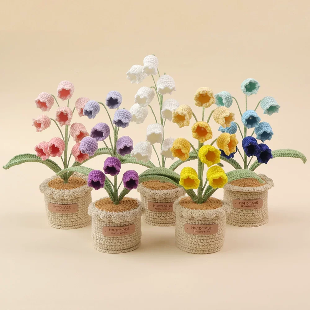 Soft Milk Cotton Wool Hand-Crocheted Potted Lily of the Valley,Nine Blooms Design,Delicate Desktop Ornament and Creative Present