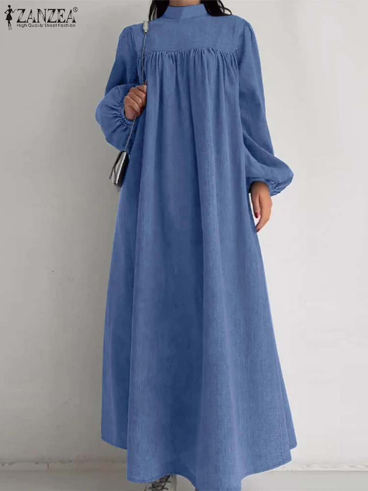 ZANZEA Denim Blue Casual Long Vestidos Gathering Streetwear Stand Collar Women Maxi Dress Lantern Long Sleeve 2025 Spring Robes