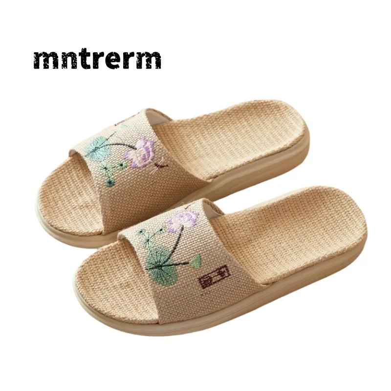 Flax Slippers Women's Open Cotton and Linen Thick-Soled Embroidery Comfortable Deodorant Feet Couple Floor Home Slippers