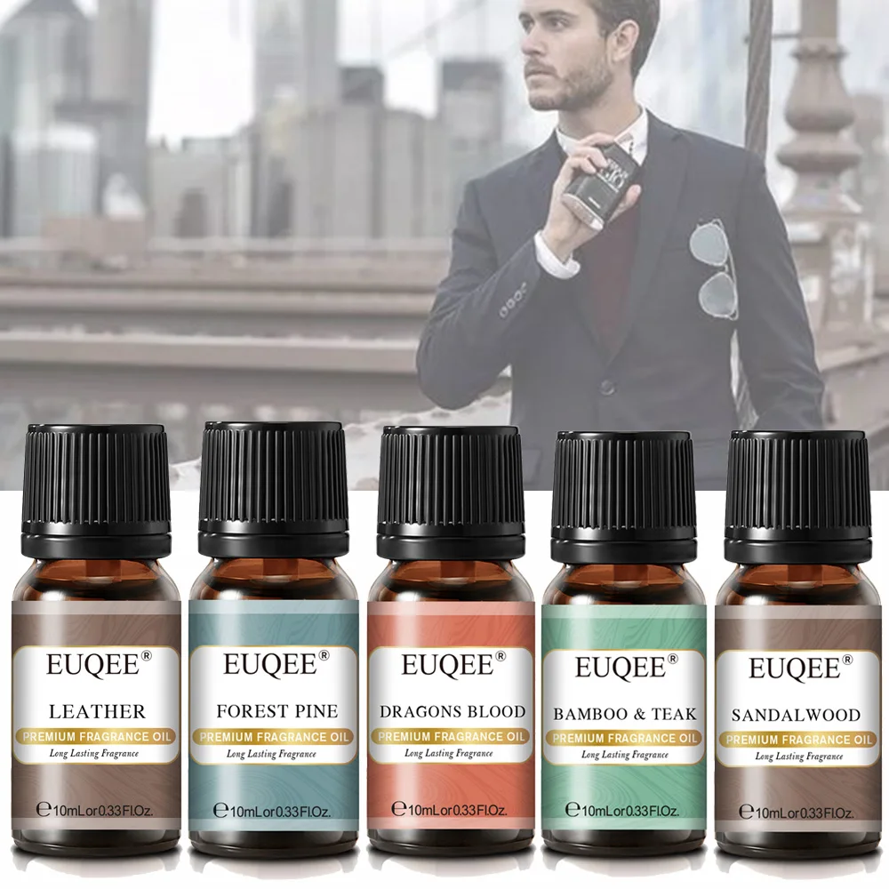 EUQEE-aceite aromático para hombre, 10ML, para difusor de coche, fabricación de velas, Perfume DIY, cuero, bosque, pino, pastel de café, madera de cedro, ron de Bahía