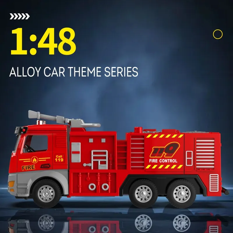 MQUDUO 1:48 Alloy Fire Truck Model, Die Cast Red Emergency Rescue Vehicle with Roof Equipment and Side Panels Display Gift