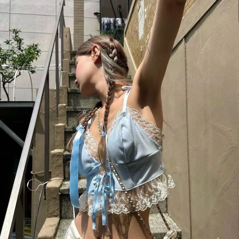 

Sweet Fashion Spliced Lace Bow Appliques Summer Tank Tops Y2k Aesthetic High Street Sexy Crop Top Harajuku Punk Girl Camisole