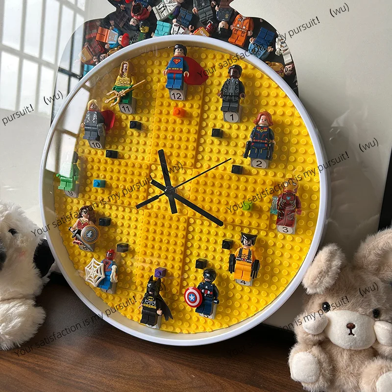 Children's room DIY wall clock, clock decoration, plastic cartoon mute, birthday gift hands building block wall clock