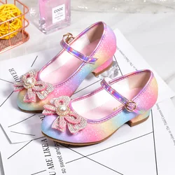 Girls' Leather Princess Shoes 2023 Children's Shoes Round-Toe Soft-Sole Girls High Heel Princess Crystal Party Dance Shoes