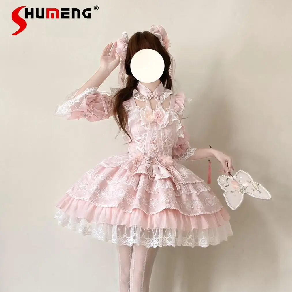 

Pink Princess Style Dress JSK 2025 New Girl's Women Sweet Bow Lace Y2k Lo Dress Chinese Style Cos Lolita Dress Vestidos Mujer