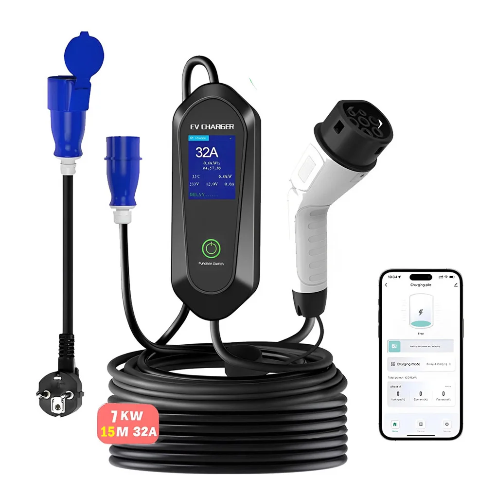 

32A 7KW 15M Single-Phase 3PIN Type 2 Portable EV Charger Charging Cable CEE With LCD Display