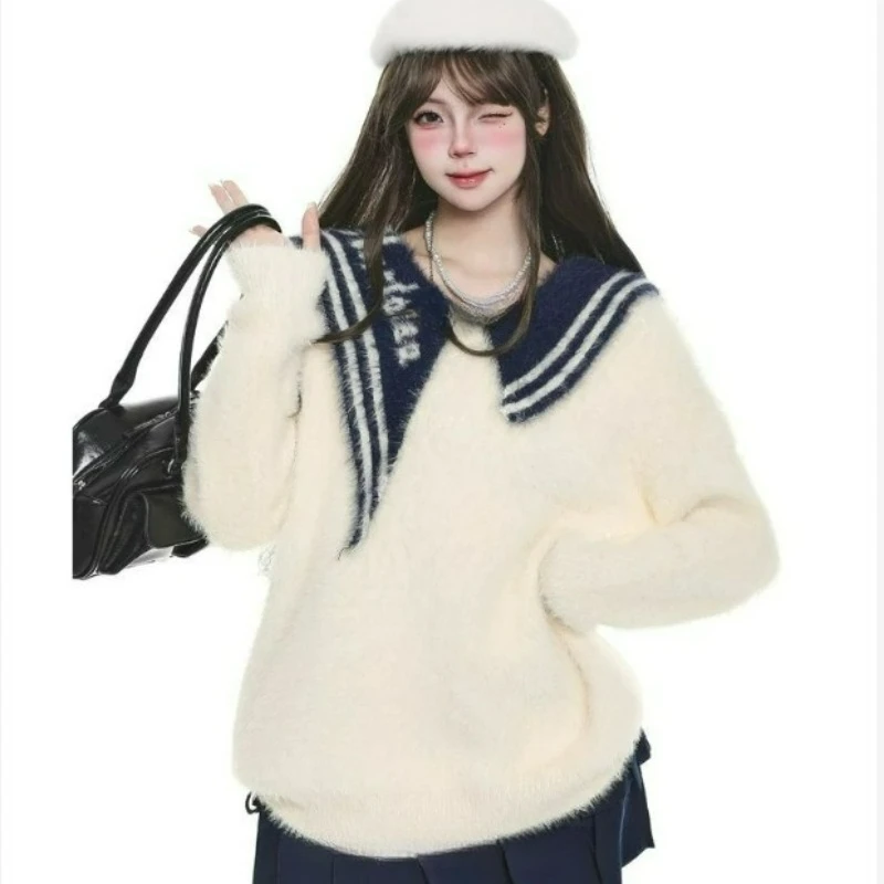

2026 Autumn/winter New Fashion Pure Color Mink Fur Loose Warm Knitted Sweater Korean School Style Navy Neck Sweater for Women
