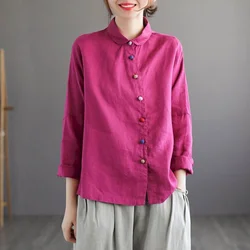 Cotton Linen Shirts Women Vintage Solid Polo-neck Loose Long Sleeve Casual Korean Style Single Breasted Blouse Women Office Tops