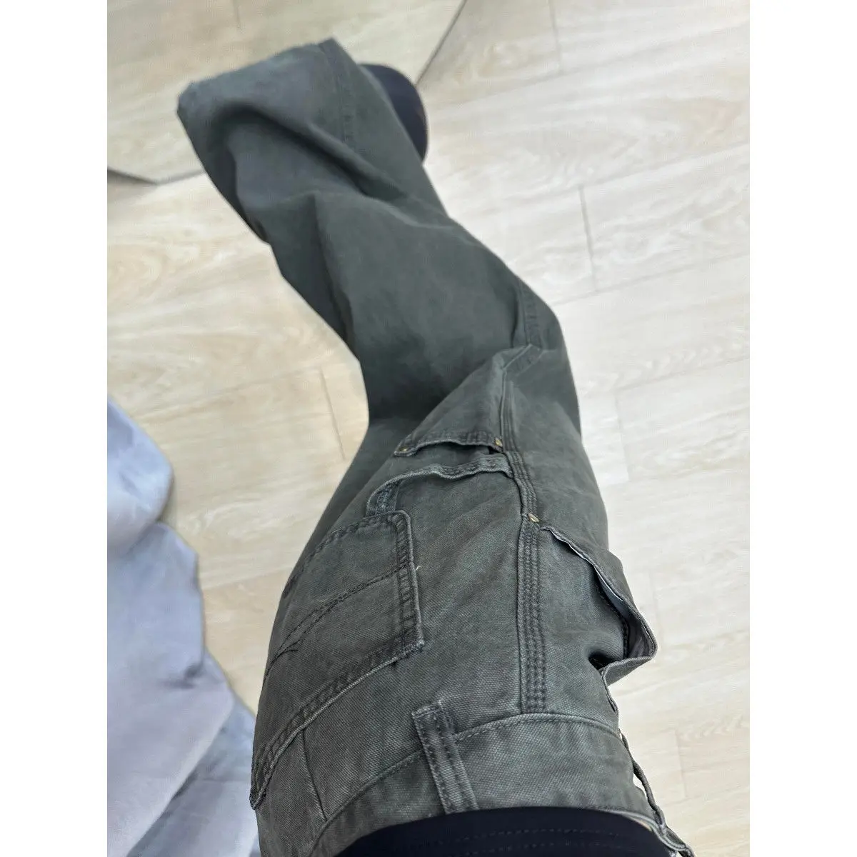 밀리터리 와이드 레그 워크웨어 청바지 여성 여름 신상 디자인 미국식 하이웨이스트 루즈 슬림핏 롱 팬츠