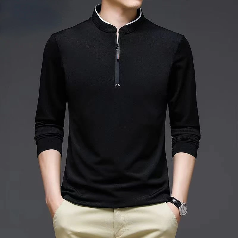 Fashion Men Solid Half-zip T-shirt Spring Autumn New Business Male Clothes Streetwear Casual Loose Stand Neck Long Sleeve Tops